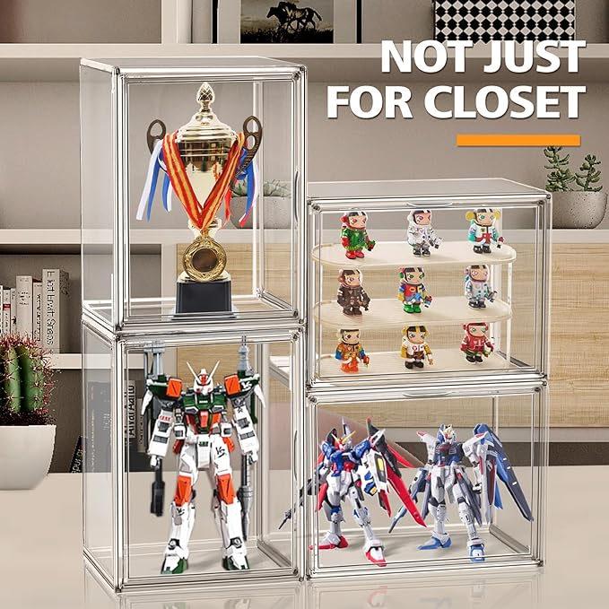 1Pack Clear Stackable Plastic Storage Bins with Magnetic Lid, X-Large Acrylic Display Cases for Book Cosmetic Figures Collectibles Showcase, Shoe Box, Bag Organizer