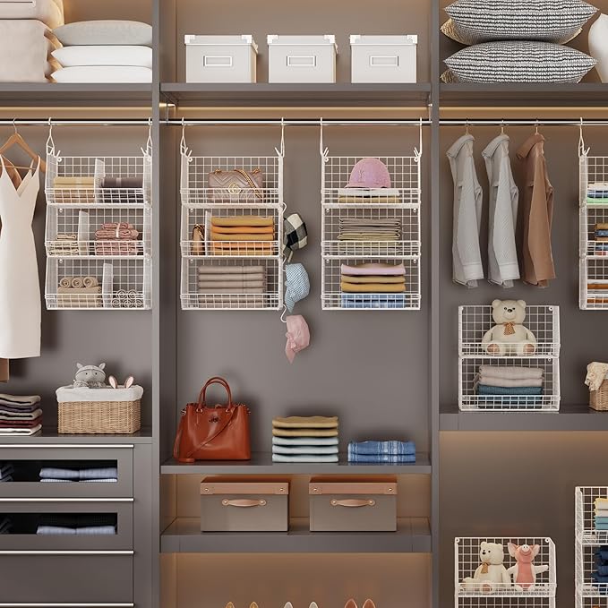 3 Tier Extra Large Closet Hanging Shelves with Divider, 16.5"L x 11.8"W x 33.6"H Closets Organizers and Storage with 5 S Hooks, Clothes Organizer for Sweaters Shoes Handbags Clutches Accessories-White
