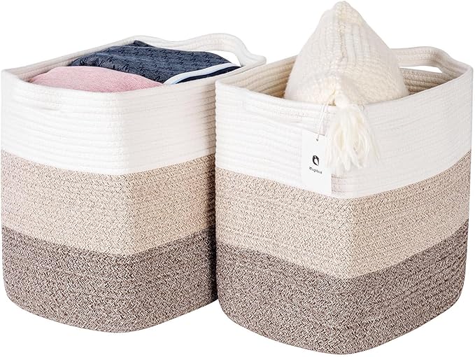 Tall Storage Bins for Clothes Fabric Cotton Rope Storage Baskets with Handles, Decorative Woven Basket for Living Room,Closet Organizer Blankets, and 2bags (Gradient Brown, L16×W11.4×H15.9)