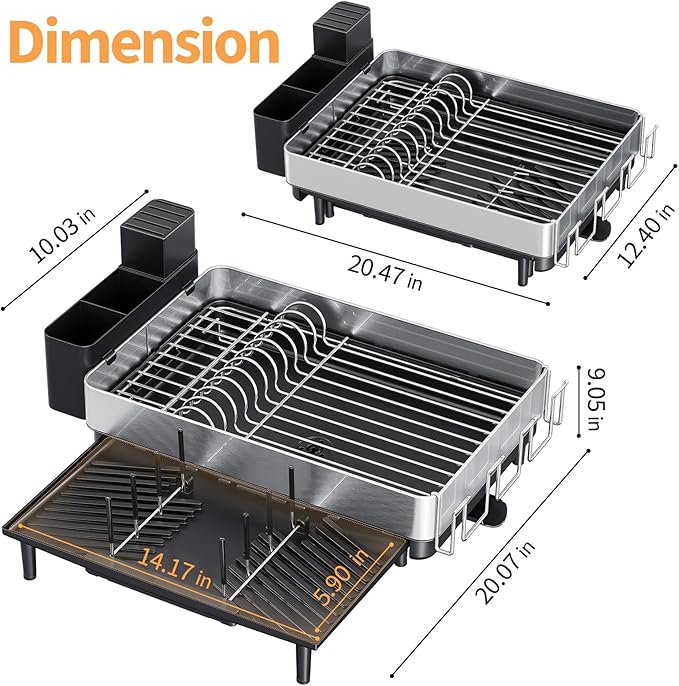 Expandable Dish Drying Rack for Kitchen Counter, 304 Stainless Steel Dish Rack, Multi-Function Dish Drainer, Large Dish Strainer with Cup Holder, Cutlery Holder, Extendable Large Size Silver