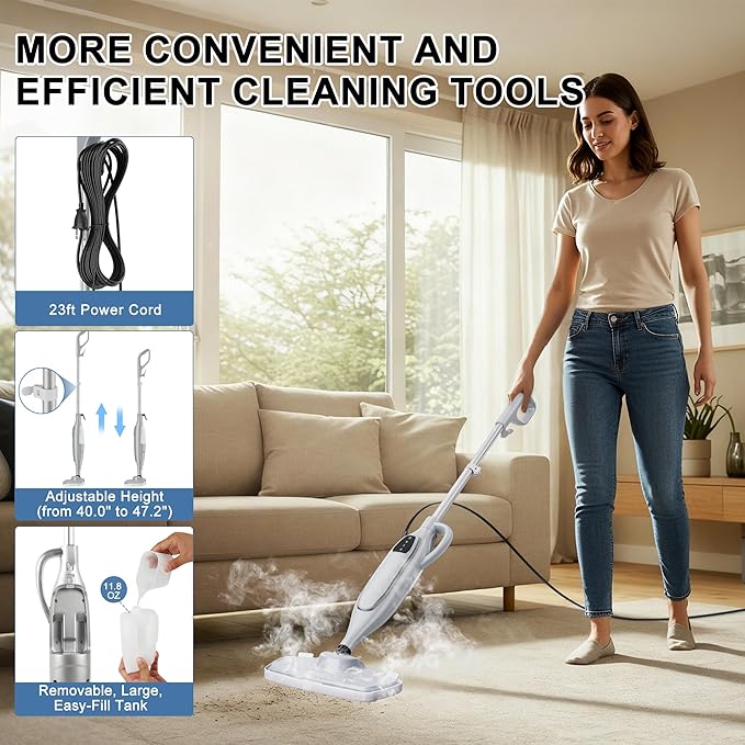 Steam Mop Cleaner, GONGNAR All-in-one Powerful Handheld Steam Cleaner with 11.8 OZ Water Tank & 23FT Power Cord, Detachable Steam Mop for Floor Cleaning, Tiles, Windows, Tile Grout, Carpets, Furniture