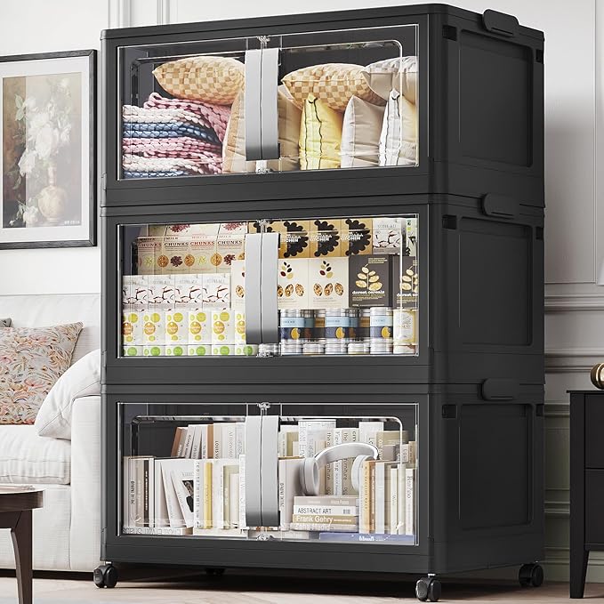 BROVIEW 480QT Stackable Storage Bins with Lids, 120Gal Extra Large Collapsible Storage Box with Wheel, Plastic Storages with Clear Door Open Front for Home Kitchen Garage, Black-3pack(3 lids)
