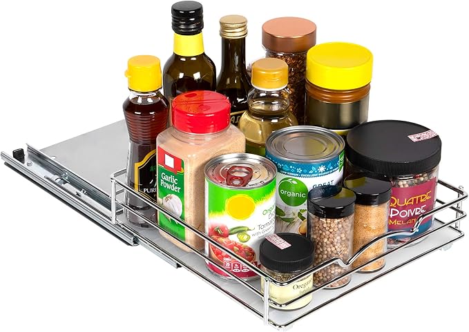Pull Out Cabinet Organizer for Spices, Cans - Heavy Duty with Lifetime Limited Warranty- Pull Out Spice Rack- Cabinet Pull Out Shelf for Cans,Dishes, Etc, 10"W x 10"D x 2-1/8 H, Chrome
