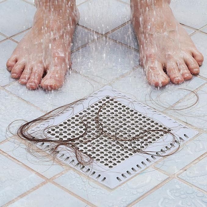 Drain Hair Catcher/Drain Strainer/Square Shower Drain Cover for Bathroom Floor Drain, Stainless Steel and Silicone Hair Stopper (Patented Product)