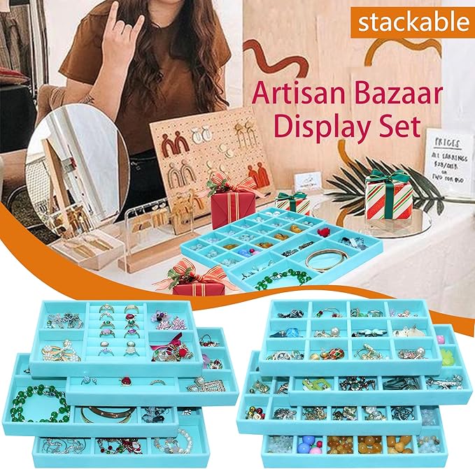 8 Pcs Velvet Jewelry Tray Stackable Jewelry Drawers Organizer Trays Rings Earrings Bracelet Organizer (8.2" x 5" x 1")