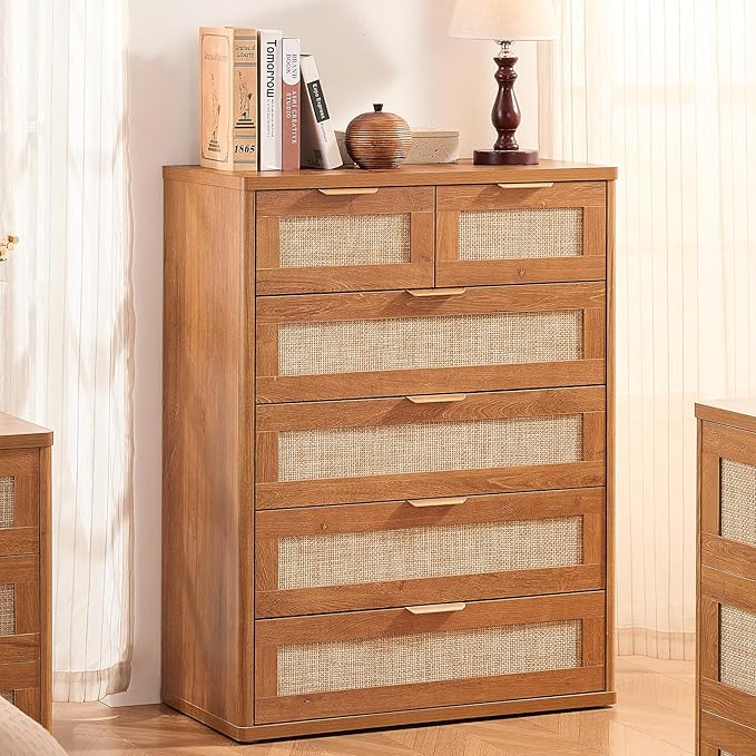 LEYAOYAO Rattan Dresser for Bedroom Set of 2, 42" Tall Chest of Drawers, Modern 6 Drawers Boho Dressers with Storage, Vintage Brown Dresser Wooden Closet Organizer for Living Room, Hallway