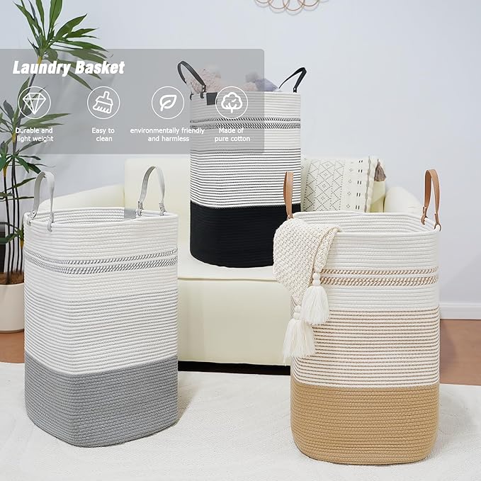 danpinera 100L Nursery Hamper, Tall Woven Laundry Basket with Long Leather Handles, Boho Laundry Hamper for Living Room & Bedroom, Eco-friendly & Convenient Decorative Storage Basket, White & Black
