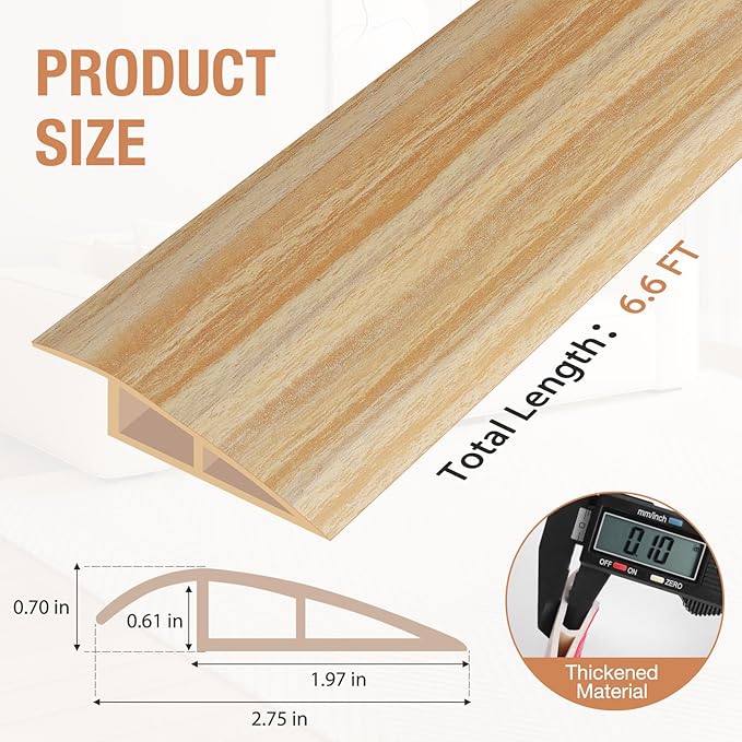 Floor Transition Strip Self Adhesive Vinyl Door Threshold for Doorways Carpet Edging Trim Overlap Edge Reducer for Laminate Floor, Carpet, Tile (Light Yellow Wood Grain, 2/5" to 3/5", 6.6Ft)