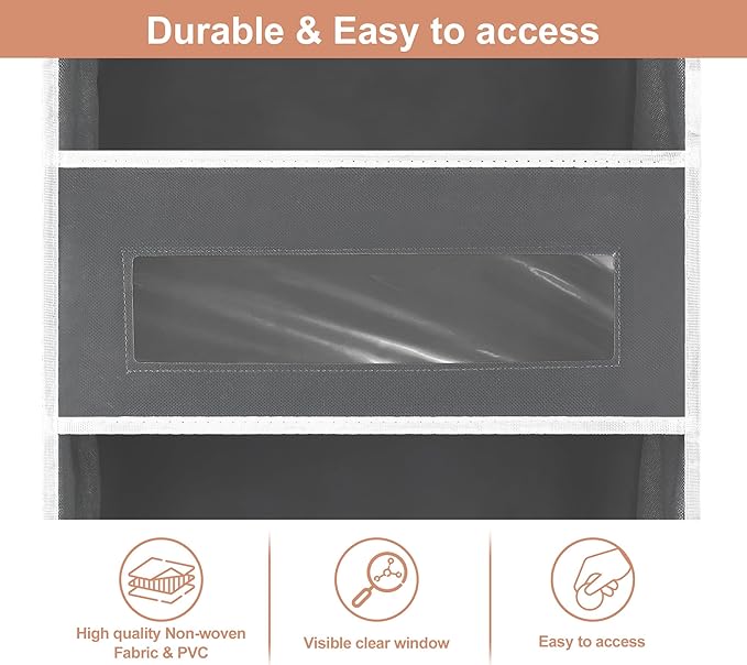5-Tier Over The Door Storage Organizer with 10 Side Mesh Pockets, 48 lbs Load Capacity, 3 Hooks Design, Door Hanging Organizer with Clear Windows for Bathroom, Bedroom, Nursery, Kitchen-Grey