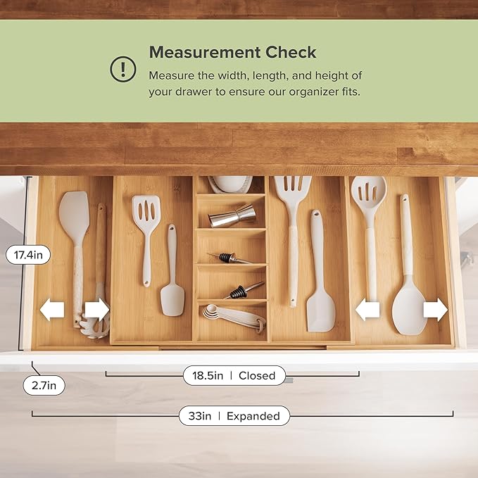 KitchenEdge Adjustable Kitchen Drawer Organizer for Utensils and Junk, Food-Safe Contract Grade with 100% Sustainable Wood, Expandable from 19 to 33 Inches Wide - Natural Bamboo