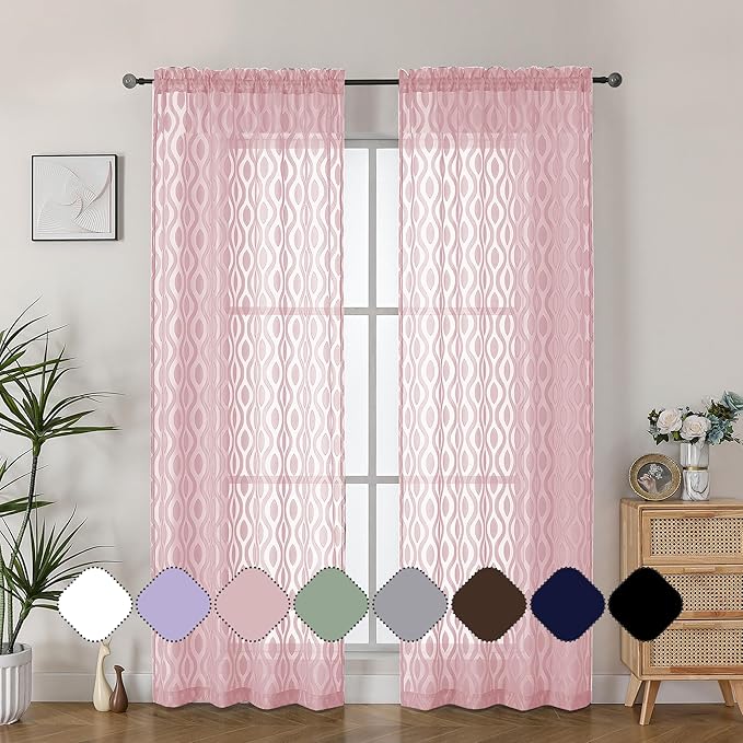 Aiyufeng Blush Pink Sheer Curtains 84 Inches Long 2 Panels Set, Soft Airy Lightweight Transparent Wavy Line Jacquard Farmhouse Curtians for Bedroom Living Room, Dual Rod Pocket, Total 80 inches Width