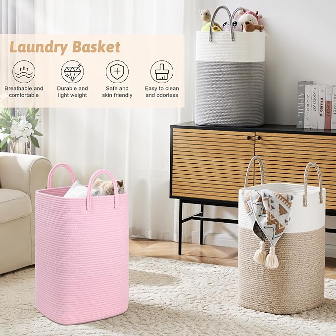 Laundry Basket,Woven Cotton Rope Laundry Hamper,40L Versatile Storage for Dirty Clothes,Baby Toys,and Blankets in Bathroom, Nursery,and Living Room