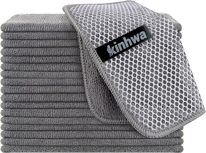 KinHwa Kitchen Washcloths for Dishes Absorbent Microfiber Dish Cloths Quick Dry Dish Rags with Poly Scour Scrub Side Ideal for Kitchen Cleaning (Gray, 7inchx7inch 18 Pack)