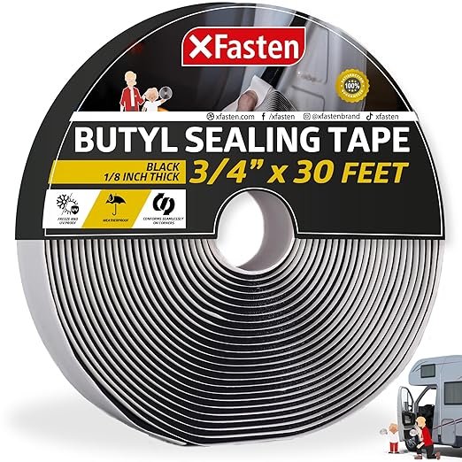 XFasten Butyl Sealing Tape, Black, 1/8-In x 3/4-In x 30-Foot Plumbers Putty, RV Sealant, Boat Sealing, EDPM Butyl Tape