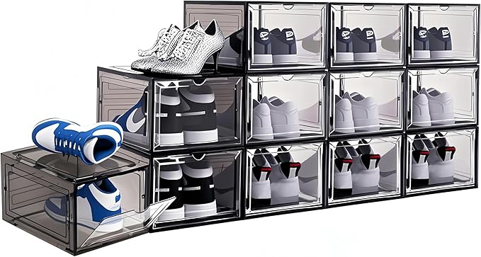 10 Pack Shoe Storage Box Clear Hard Plastic Shoe Organizer Stackable Hats Sneaker Display Case with Lids for Size 13, Black