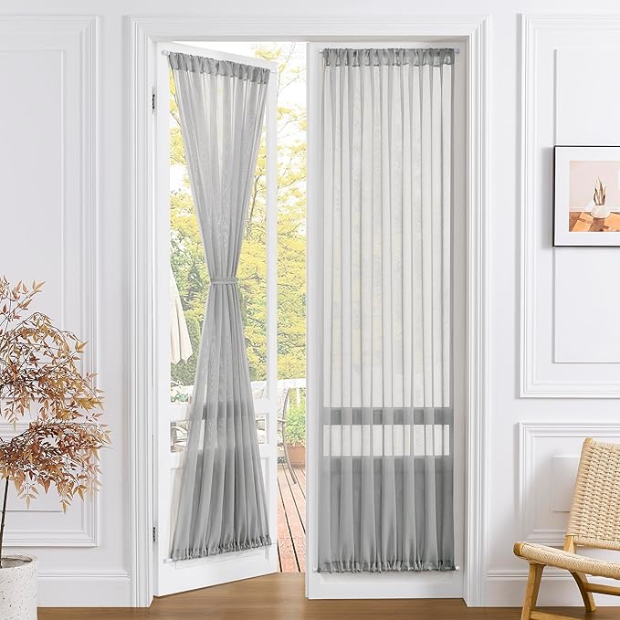 Tollpiz Sheer Curtains Closet Linen Textured Curtain Sheers Doorway Light Filtering Voile Patio Glass Door Rod Pocket Curtains French Door, 54 x 80 inches Long, Silver Grey, Set of 1 Panel