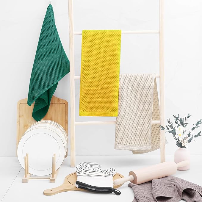 Homaxy 100% Cotton Waffle Weave Kitchen Dish Towels, Ultra Soft Absorbent Quick Drying Cleaning Towel, 13 x 28 Inches, 8-Pack, Dark Green