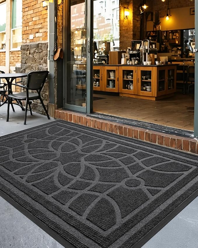 DEXI Front Door Mat Outside Entrance, Heavy Duty Non Slip Low Profile Doormat for Entryway, Trap Dirt and Moisture Welcome Mats, Easy Clean, Patio, Garage, 5x3, Grey