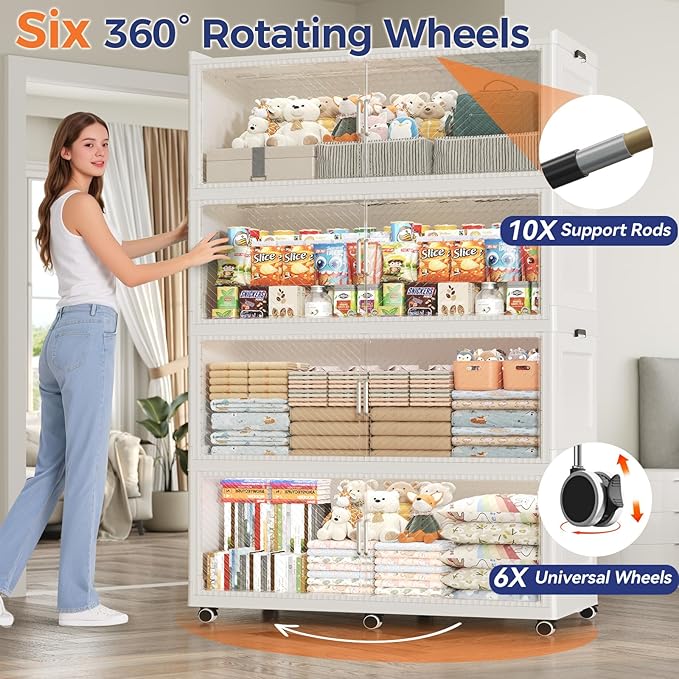 240GAL Extra Large Storage Bins with Lid, 960QT Collapsible Organizer with Wheels, Stackable Closet Cabinet with Doors, Folding Storage Containers for Home, Office, Dorm, 3Pack White