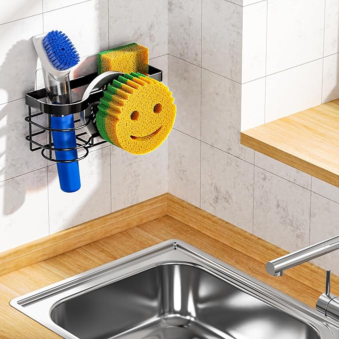 Cisily Smiley Sponge Holder for Kitchen Sink Caddy, Stainless Steel Movable Brush Holder Dish Cloth Hanger, Suction Cup Sink Caddy Organizer Accessories