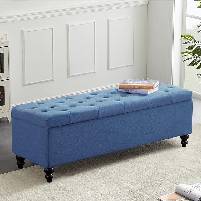 Storage Ottoman 50.2 Inches Upholstered Fabric Storage Ottoman Bench，Button Tufted Ottoman with Storage for Living Room，Bedroom End of Bed Bench Withstands 302lbs (Blue)