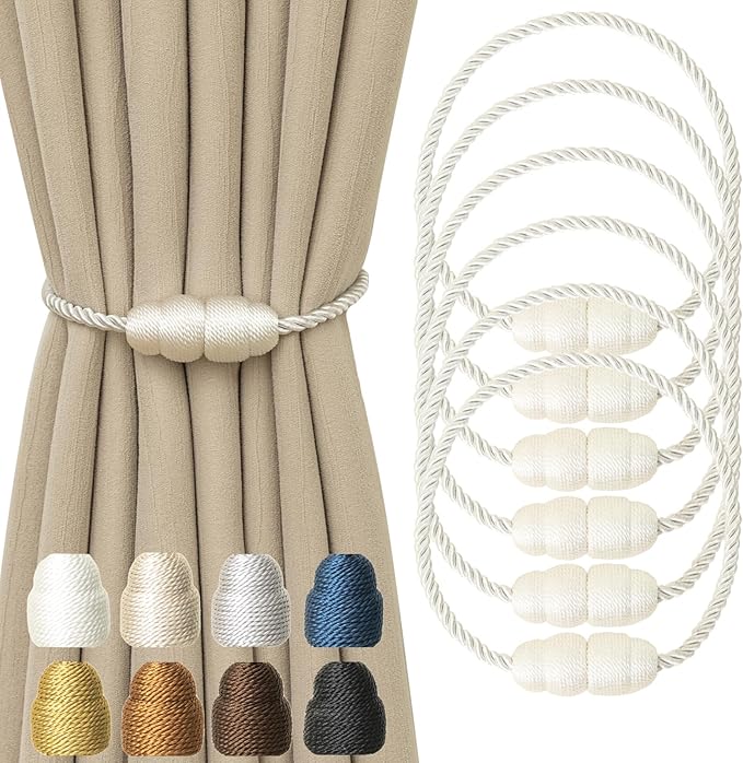 Magnetic Curtain Tiebacks - Rope Tie Backs for Curtains & Drapes - Decorative Window Holdbacks (6 Pack, White)