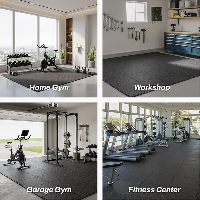 AIRHOP 0.56in Thick 48 Sq Ft Exercise Equipment Mats, 12 Tiles Upgraded Rubber Top with High Density EVA Foam, Large Interlocking Puzzle Gym Flooring for Home Gym, Heavy Weight Workout,Black