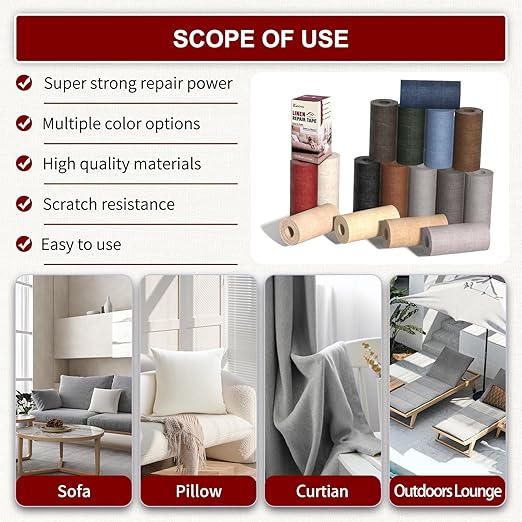 Linen Repair Tape 4x79 inch, Self Adhesive Fabric Patches, Linen Patch Tape Kit, Fabric Repair Tape for Couch Sofas, Headboards, Chairs, Pillows, Curtains, Couches- Dark Grey