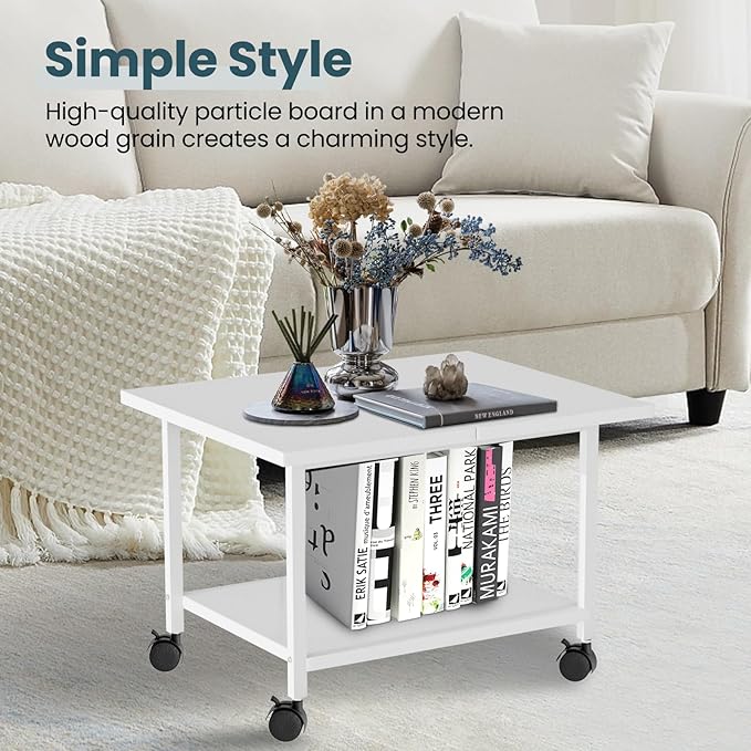 Printer Stand with Storage Under Desk Shelf, Desktop Printer Stand Organizer, Rolling Printer Cart Storage Paper Files Holder for Desk, Office, Home, (White)