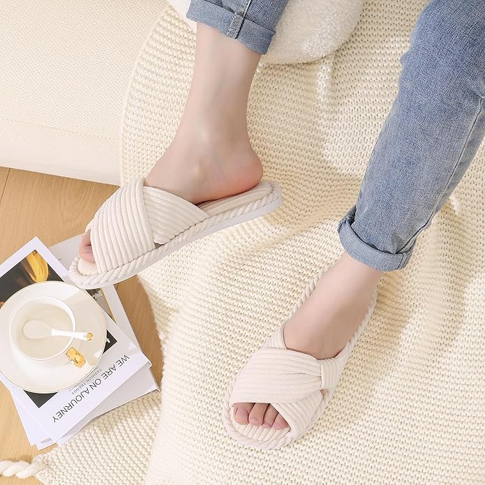 Evshine Summer House Slippers for Women Corduroy Cross Bow Indoor Slippers Open Toe Slip On Bedroom Shoes with Memory Foam