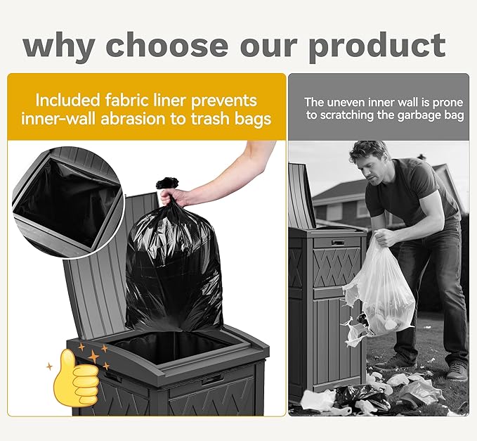 DWVO 36-Gallon Outdoor Trash Can with Fabric Bag, Tiered Lid & Drip Tray, Waterproof Resin Garbage Bin for Patio, Deck, and Backyard, Black
