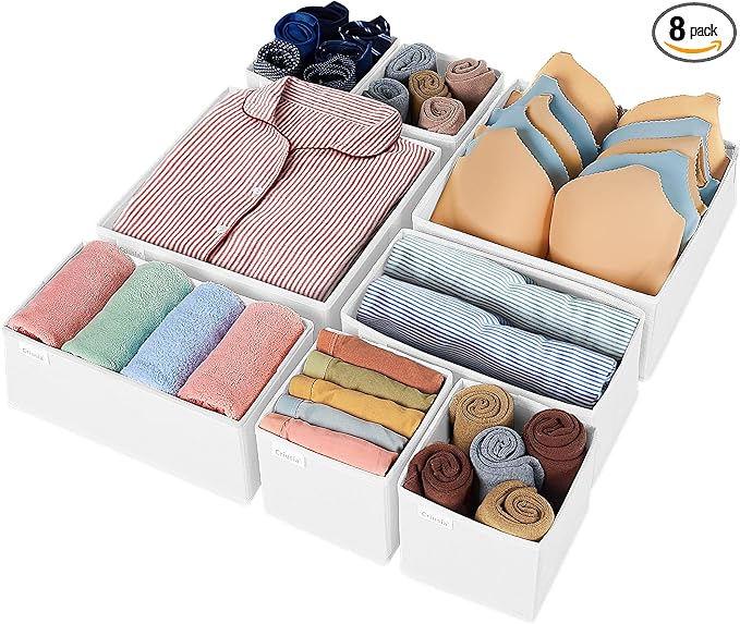 Criusia Drawer Organizer Clothes, 8 Pack Underwear Drawer Organizer, Foldable Closet Organizers and Storage Dresser Drawer Dividers for Clothes, Socks, Scarves, Ties (White)