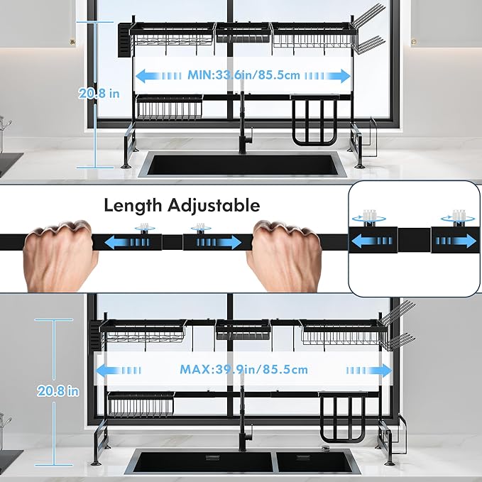 2 Tier Extra Large Stainless Steel Expandable Over The Sink Dish Drainer Drying Rack, Rust Proof Metal, Space Saving, Modern Black Big Capacity Extendable Plate Strainers Above Kitchen Counter