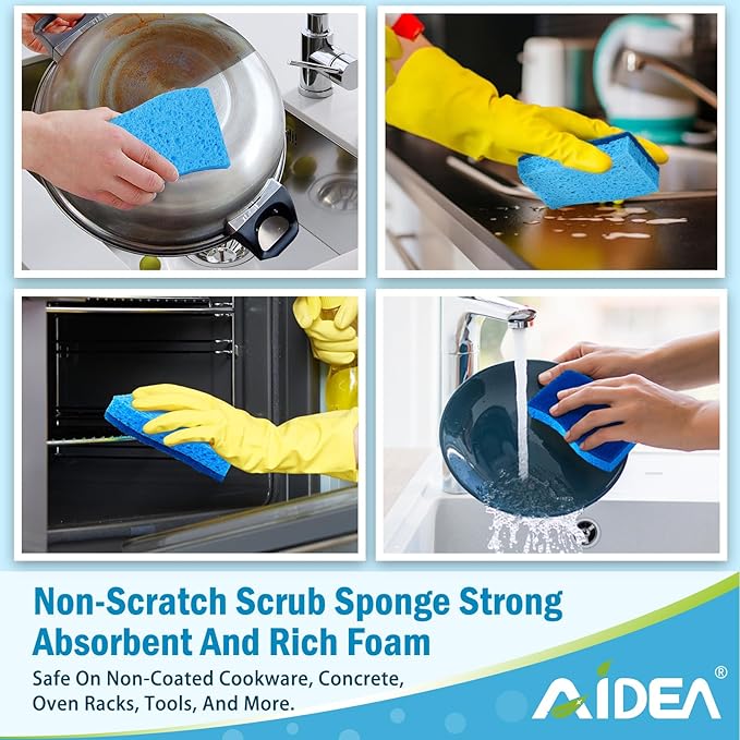 AIDEA Sponges Kitchen, Non Scratch Scrub Sponge, 6Count, Sponges for Non Stick Cookware, Cleaning Sponge for Dishes, Cleans Fast Without Scratching, Cleaning Power for Kitchen, Bathroom, Household