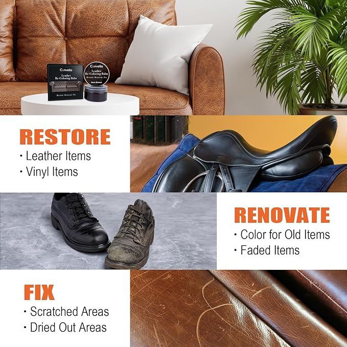 Dark Brown Leather Repair Kit, Dark Brown Leather Recoloring Balm, Leather Dye - Restore & Renew Scratch, Faded and Aged Leather & Vinyl Couches, Boots, Car Seats or Leather Furniture