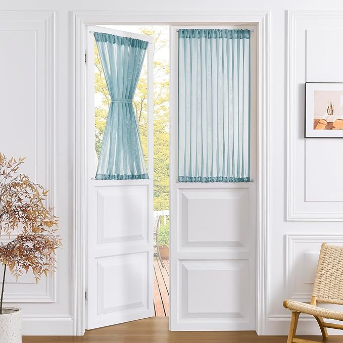 Tollpiz Short Sheer Door Curtain Closet Linen Textured Curtain Sheers Doorway Light Filtering Voile Patio Door Rod Pocket Curtains French Door, 54 x 54 inches Long, Dusty Blue, Set of 1 Panel