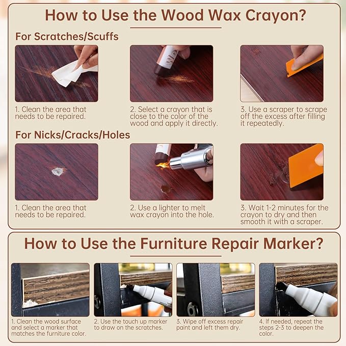 A-HEYIDA Wood Filler Sticks -16 Colors Wax Crayons for Furniture Scratch & 8 Colors Wood Touch-up Markers for Repair Any Scratches, Scuffs, Cracks and Nail Holes on Furniture,Floors,Doors,Cabinets