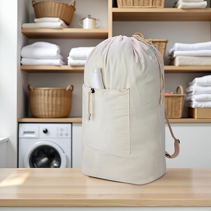 Laundry Bag Backpack, Canvas Laundry Bag with Straps & Drawstring Closure Washable Dirty Cloth Hamper Bag with Large Front Pocket for College, Travel, Laundromat, Camping (Beige)