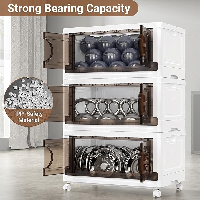 BROVIEW 480Qt Lockable Stackable Storage Bins with Lids, Closet Organizers and Storage Drawer, Collapsible Storage Bin with Wheels, Plastic Cabinet for Toy Clothes Dorm Organizer, V9 4 Pack Brown