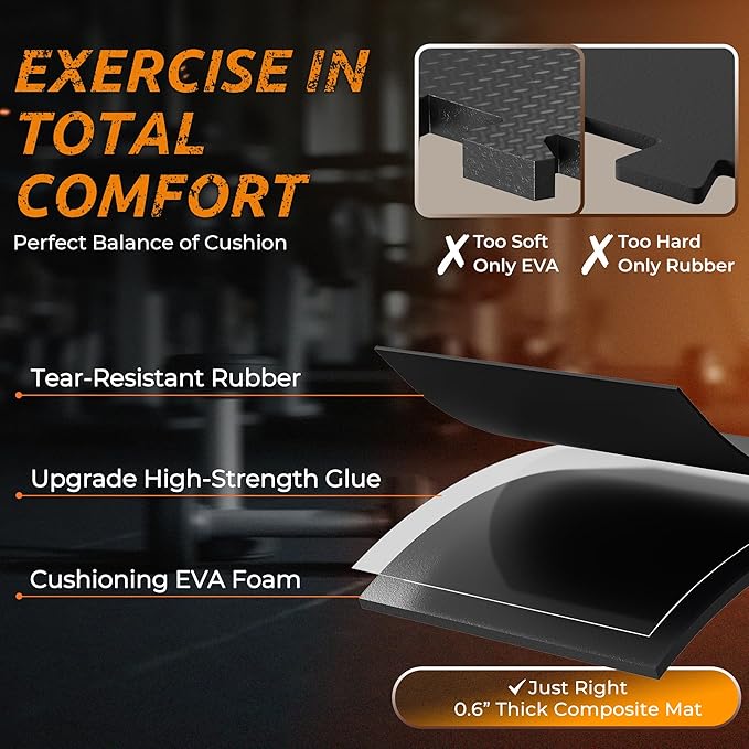 PRAISUN 0.6" Thicker Gym Mat, 24 Tiles 96 Sq Ft Workout Mats, Interlocking Foam Tiles with Rubber Top, High Density EVA Foam, Exercise Mat, Gym Flooring for Home Gym, Garage, 24 x 24in, Black
