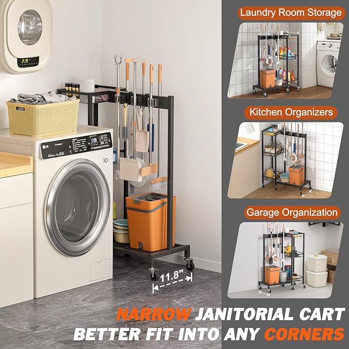 Broom Holder with Cleaning Supplies Organizer, Broom Closet Storage Cabinet with Cleaning Caddy, Cleaning Cart with Mop Hanger Gripper Rack Hooks,Janitorial Cart,Utility Carts Household Essentials