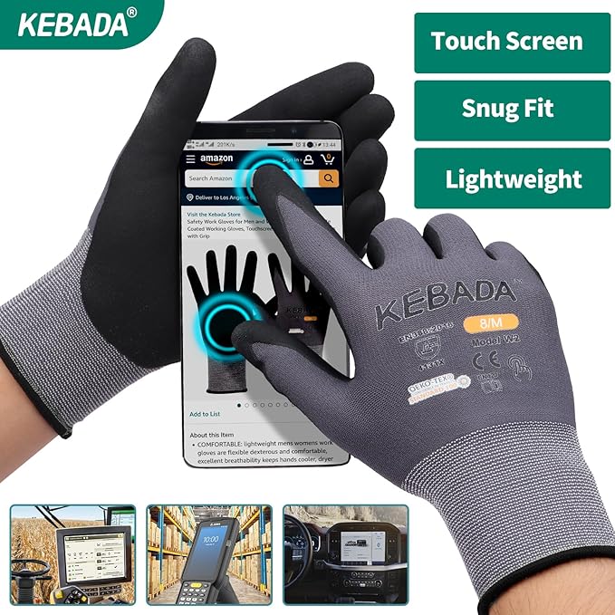 Kebada W2 Work Gloves for Men and Women, Nitrile Coated Working Gloves for Gardening, Construction, Warehouse, Safety Gloves for Work in Yard and Outdoors, 6 Pairs, XS