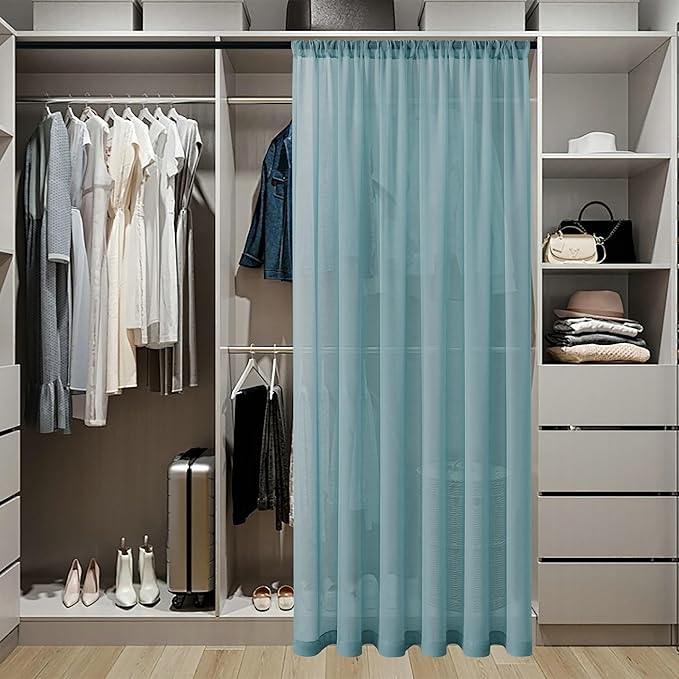 Tollpiz Short Sheer Door Curtains Closet Linen Textured Curtains Sheer Doorway Light Filtering Voile Patio Door Rod Pocket Curtain French Door, 54 x 40 inches Long, Dusty Blue, Set of 1 Panel