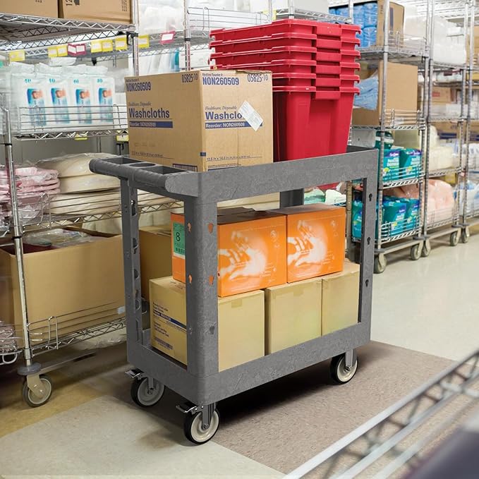 Utility Cart on Wheels, 1000 lbs Capacity Rolling Service Cart, 34 x 17 Inch Work Carts, 2 Shelf Heavy Duty Plastic Tool Cart, Lipped Shelves, for Warehouse, Garage, Cleaning, Gray