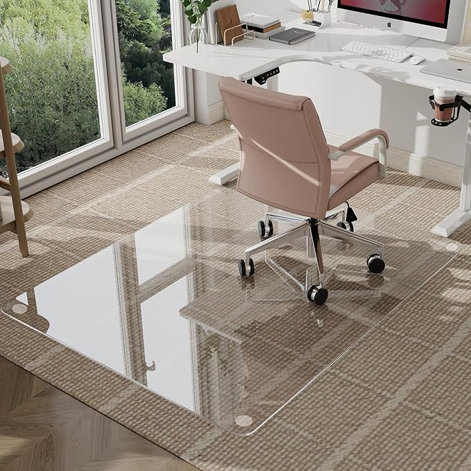 GLSLAND 46"x46" Tempered Glass Chair Mat Square Heavy-Duty Floor Protector for Carpet & Hard Floors Scratch-Resistant Office Computer Desk Mat 1/5" Clear