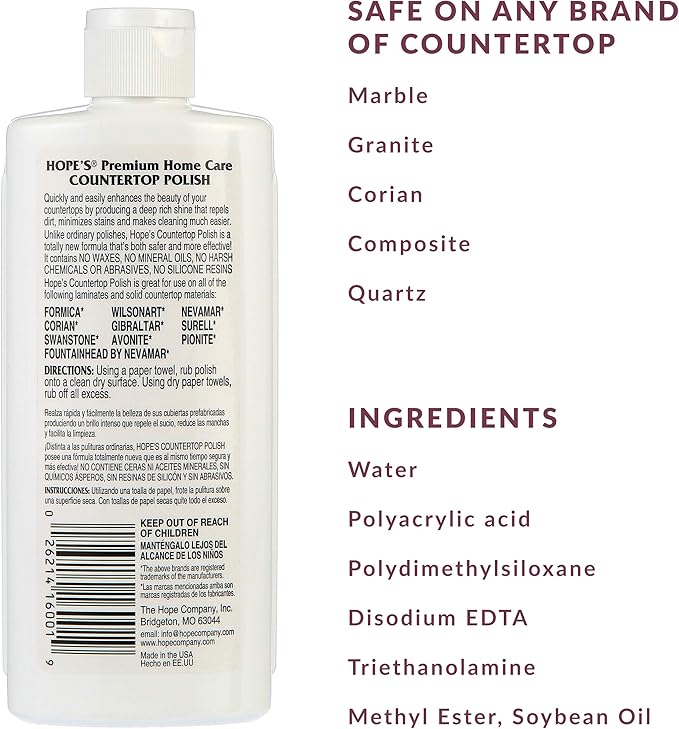 HOPE'S Countertop Restoration Polish, Streak-Free Kitchen Counter Cleaner, No Buildup on Countertops, Quartz, Marble, Corian, Composite, and Granite Polish, 8 Fl Oz, Pack of 4