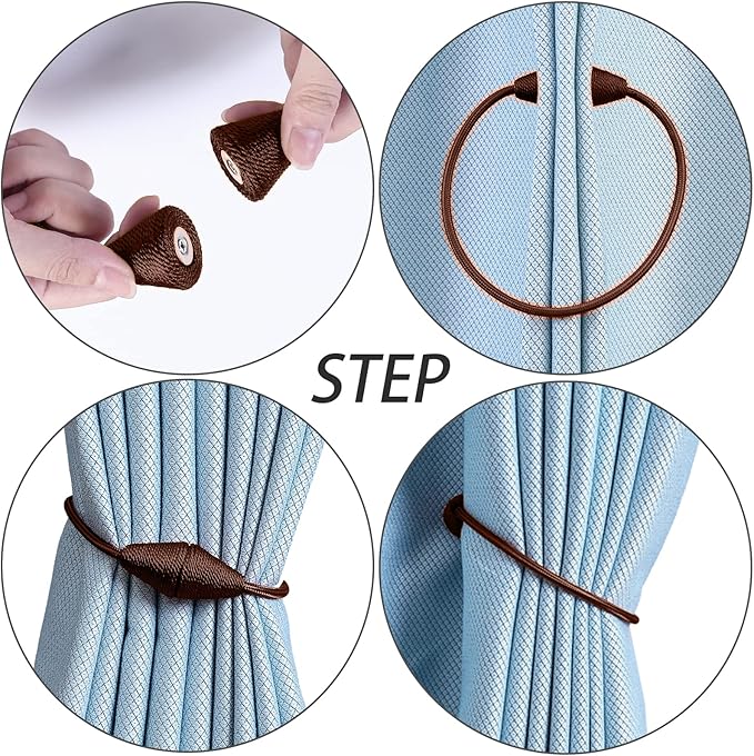 2 PCS Magnetic Curtain Tiebacks, European Style Convenient Drape Tie Backs Holdbacks for Thin or Thick Home & Office Window Draperies, No Tools Required (Dark Coffee)