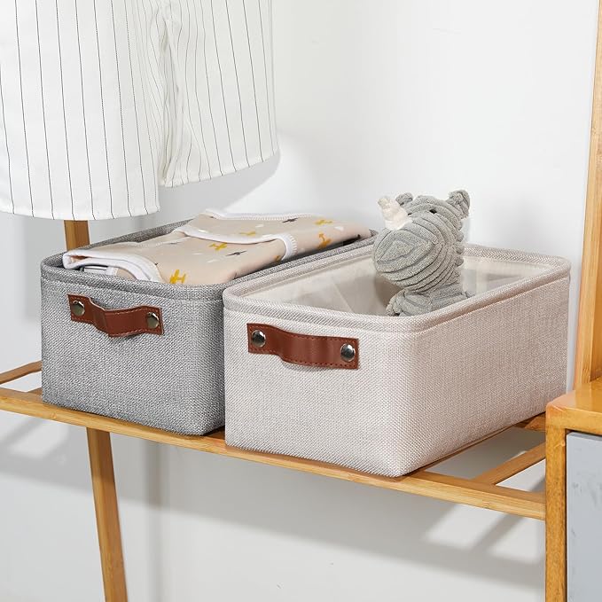 DULLEMELO Small Storage Basket for Shelves, Small Fabric Collapsible Rectangular Storage Bin for Shelves, Closets, Nursery, Home, Office, Empty Gift Basket (Beige)