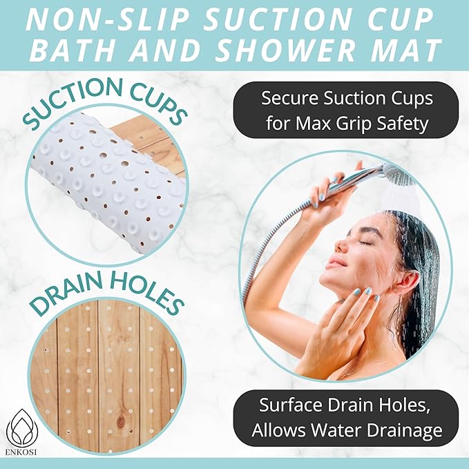 ENKOSI Bath Mat – PVC Large 40 x 16 Inch Non-Slip Bathtub Mat with Secure Suction Cup Grip & Drain Holes – Extra Long Bathroom Shower Mat for Tub and Shower Floors with Wood Print Design (40x16 Wood)
