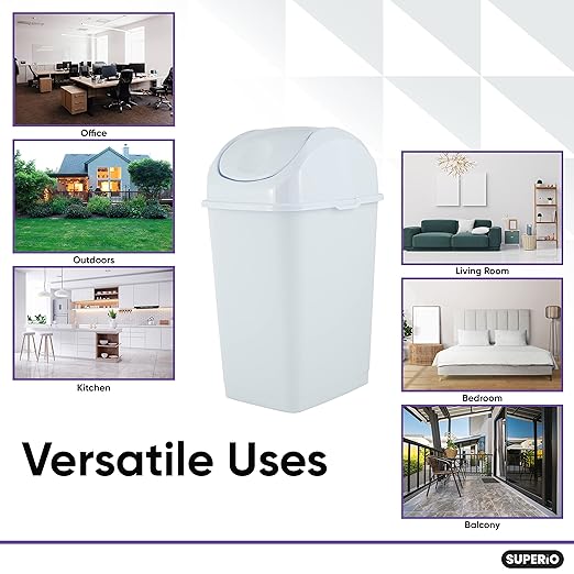 Superio Kitchen Trash Can with Swing Top Lid 9 Gallon Slim Waste Bin 37 Qt Sturdy Plastic Garbage Can Medium Recycling Bin for Office, Bathroom, Under Counter, Dorm, Bedroom (White-2 Pack)